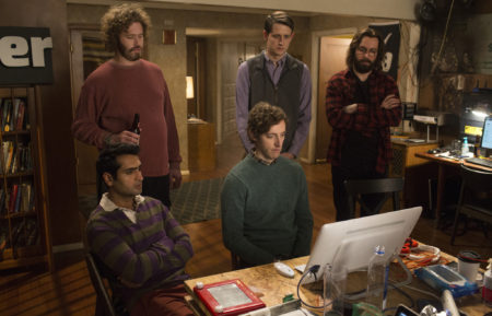 Kumail Nanjiani, T.J. Miller, Thomas Middleditch, Zach Woods, and Martin Starr of Pied Piper in Silicon Valley