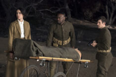 Abigail Spencer as Lucy Preston, Malcolm Barrett as Rufus Carlin, and Matt Lanter as Wyatt Logan in Timeless - Season 2 - 'The War to End All Wars'