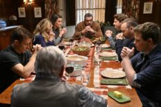 Reagan family praying around the dinner table in Blue Bloods - Will Estes as Jamie Reagan, Vanessa Ray as Officer Eddie Janko, Bridget Moynahan as Erin Reagan, Tom Selleck as Frank Reagan, Will Hochman as Joe Hill, Donnie Wahlberg as Danny Reagan, Andrew Terraciano as Sean Reagan, Len Cariou as Henry Reagan