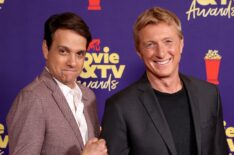 Ralph Macchio and William Zabka pose backstage during the 2021 MTV Movie & TV Awards