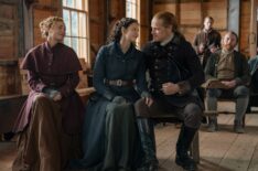 Outlander Season 6 Sophie Skelton, Caitriona Balfe, and Sam Heughan