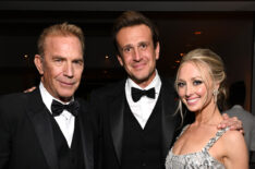 Kevin Costner, Jason Segel, and Kayla Radomski attend Netflix's 2024 Golden Globe After Party at Spago on January 07, 2024 in Beverly Hills, California.