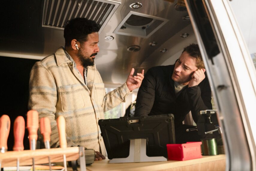 Director Jon Huertas and Justin Hartley on set of 'Tracker' Season 1 Episode 9 "Aurora"