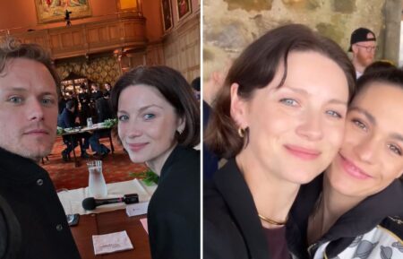 Sam Heughan, Caitriona Balfe, and Sophie Skelton behind the scenes of 'Outlander's final table read.
