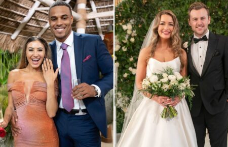 Juliana Pasquarosa and Grant Ellis during 'The Bachelor' Season 29 finale; Taylor Haag, Daniel Hastings on 'Love Is Blind' Season 8