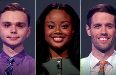 Jeopardy! contestant (from left) Liam Starnes, Raguell Couch, and Harold Goldstron III on Thursday, April 24
