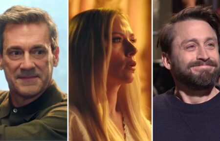 Jon Hamm, Scarlett Johansson, and Kieran Culkin in the April 12, 2025, episode of 'Saturday Night Live'